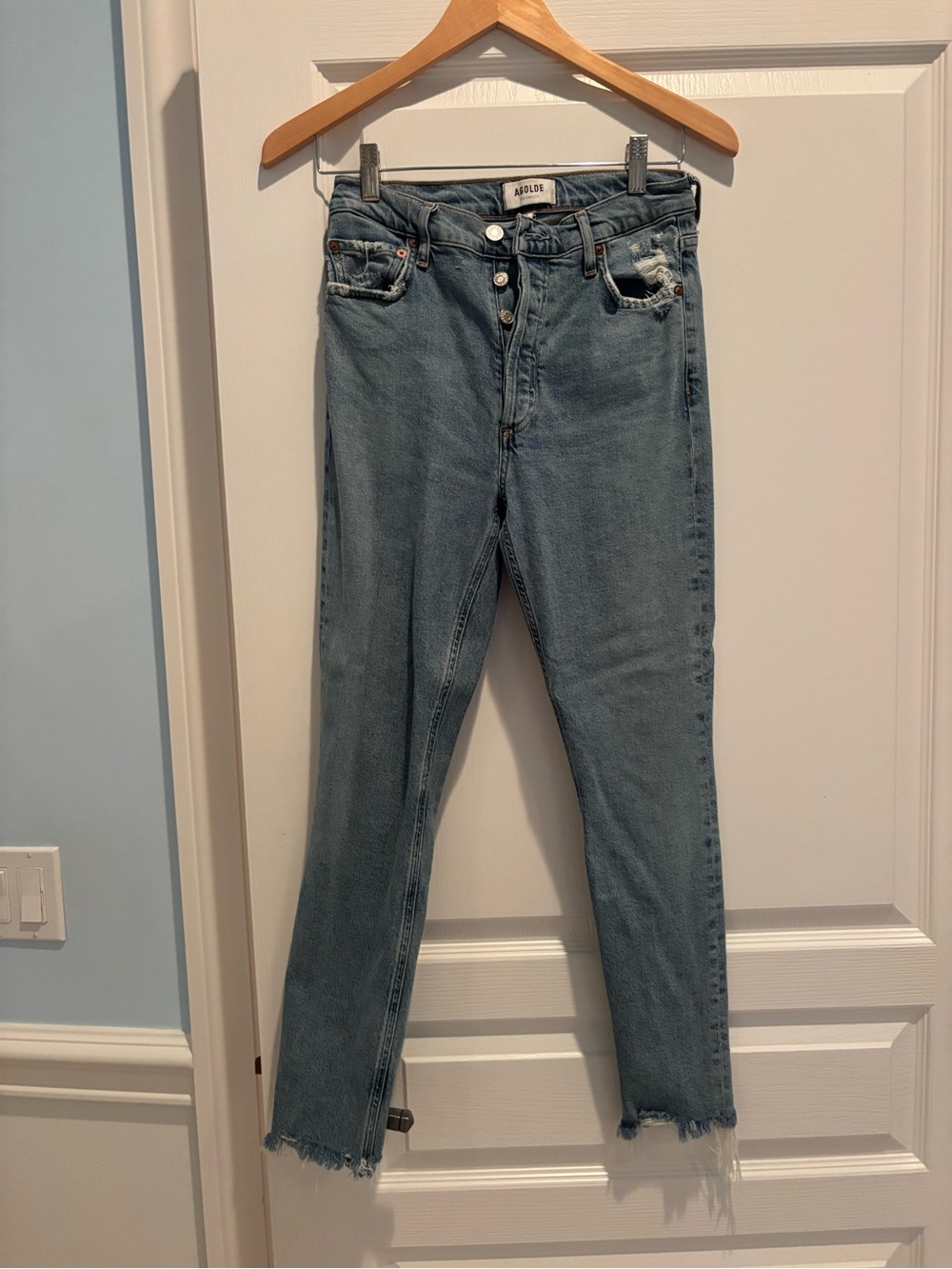 Agolde Light Blue High-Rise Ankle Jeans with Raw Hem